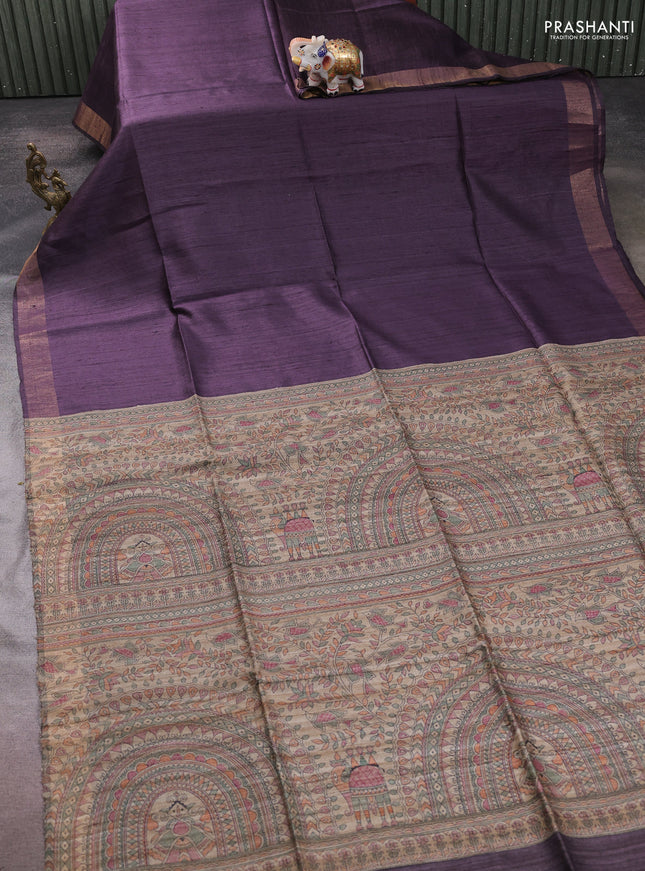 Pure dupion silk saree jamun shade and beige with plain body and madhubani printed pallu