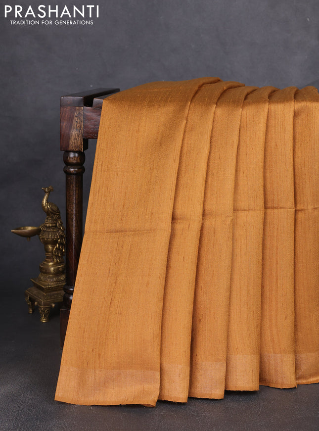 Pure dupion silk saree mustard yellow and beige with plain body and madhubani printed pallu