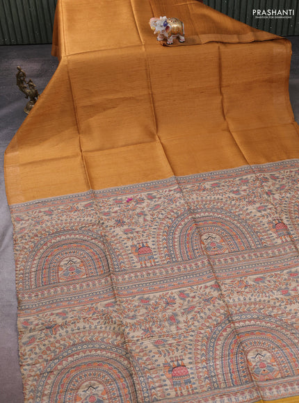 Pure dupion silk saree mustard yellow and beige with plain body and madhubani printed pallu