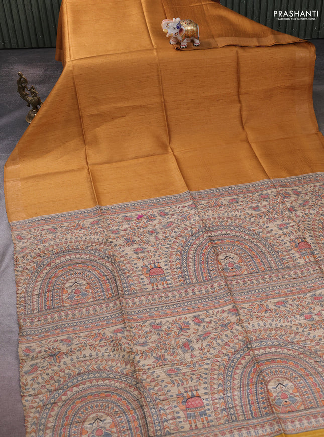 Pure dupion silk saree mustard yellow and beige with plain body and madhubani printed pallu