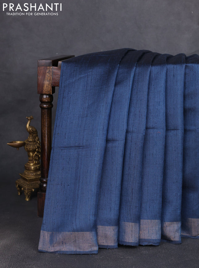 Pure dupion silk saree peacock blue and beige with plain body and madhubani printed pallu