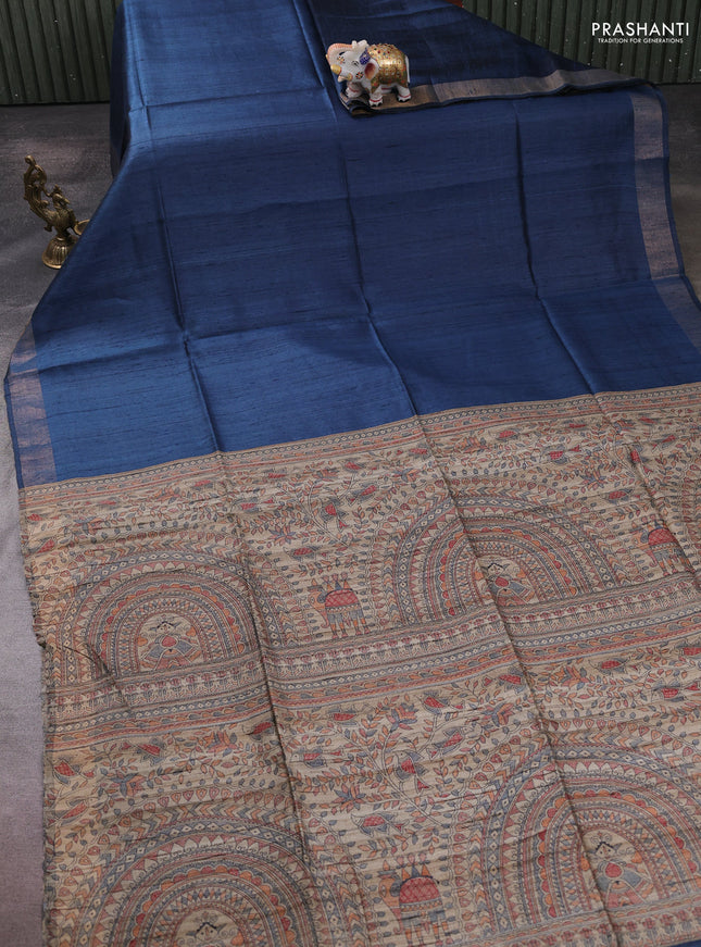 Pure dupion silk saree peacock blue and beige with plain body and madhubani printed pallu