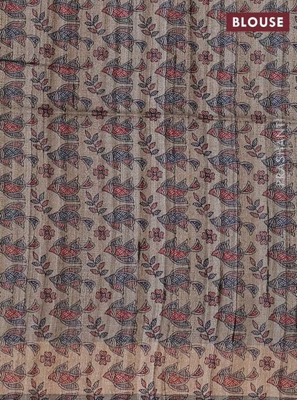 Pure dupion silk saree peacock blue and beige with plain body and madhubani printed pallu