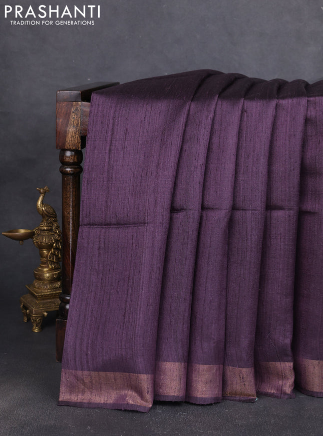 Pure dupion silk saree jamun shade and beige with plain body and madhubani printed pallu