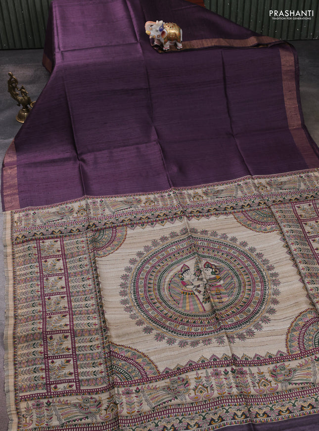 Pure dupion silk saree jamun shade and beige with plain body and madhubani printed pallu