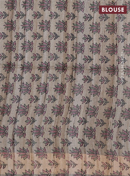 Pure dupion silk saree jamun shade and beige with plain body and madhubani printed pallu