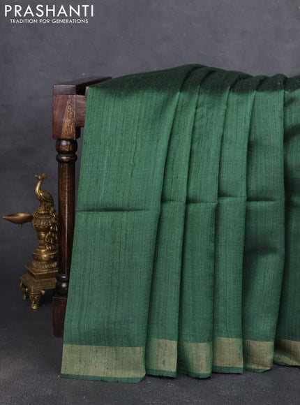 Pure dupion silk saree green and beige with plain body and madhubani printed pallu