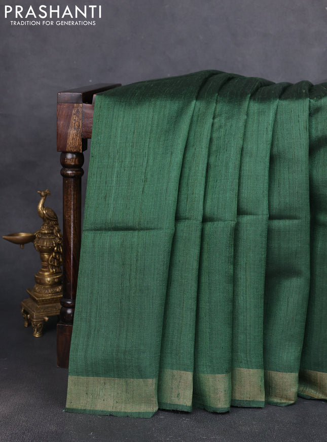 Pure dupion silk saree green and beige with plain body and madhubani printed pallu