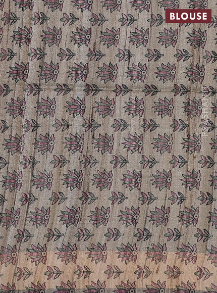 Pure dupion silk saree green and beige with plain body and madhubani printed pallu