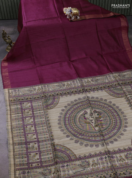 Pure dupion silk saree maroon and beige with plain body and madhubani printed pallu