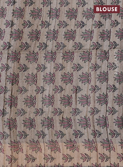 Pure dupion silk saree maroon and beige with plain body and madhubani printed pallu