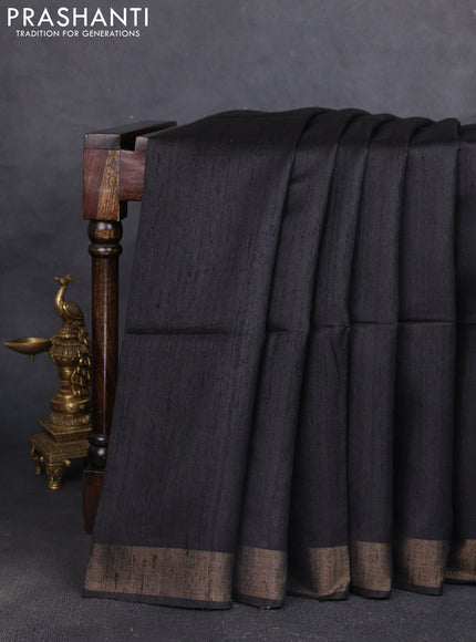 Pure dupion silk saree black and beige with plain body and madhubani printed pallu