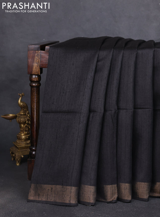 Pure dupion silk saree black and beige with plain body and madhubani printed pallu