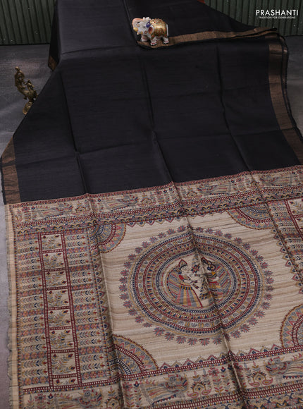 Pure dupion silk saree black and beige with plain body and madhubani printed pallu