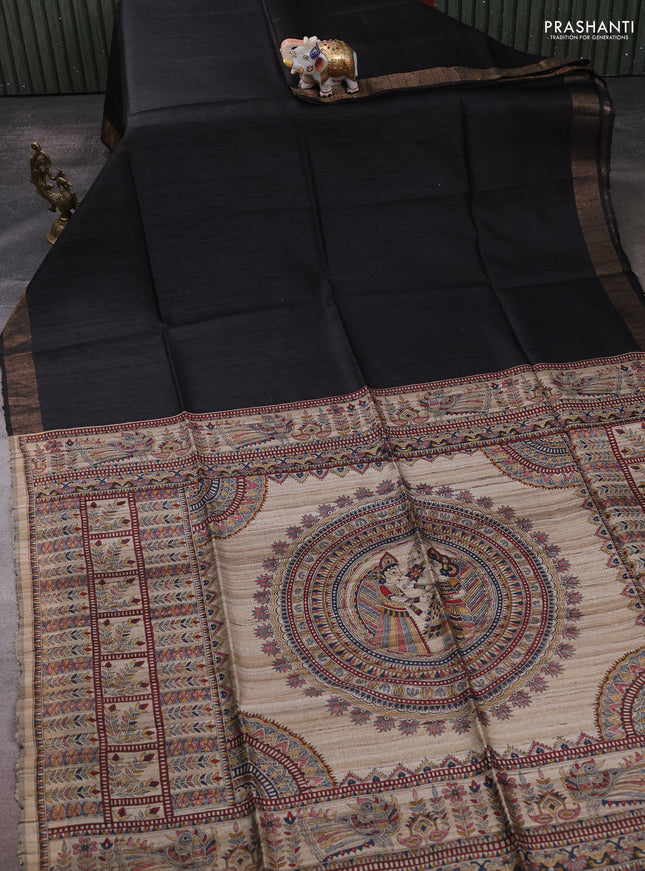 Pure dupion silk saree black and beige with plain body and madhubani printed pallu