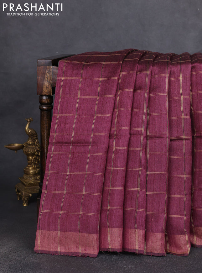 Pure dupion silk saree wine shade and beige with allover zari woven checked pattern and madhubani printed pallu