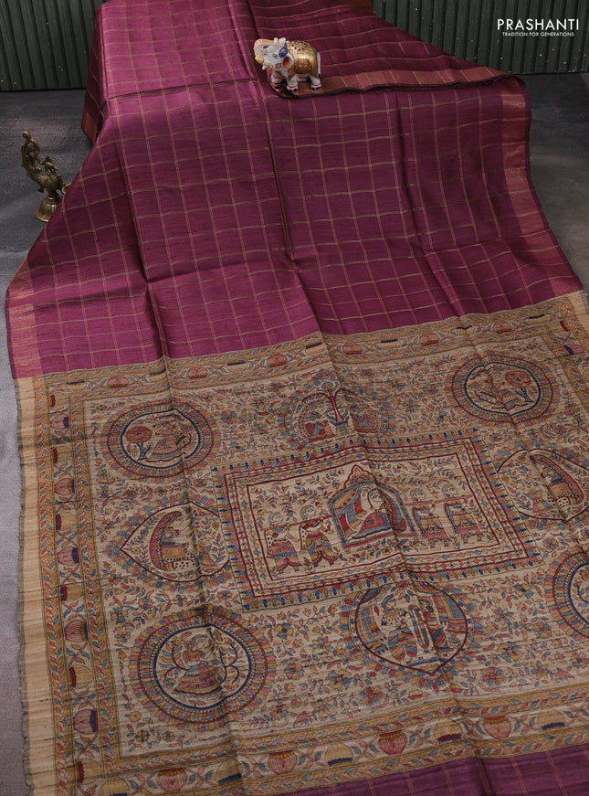 Pure dupion silk saree wine shade and beige with allover zari woven checked pattern and madhubani printed pallu