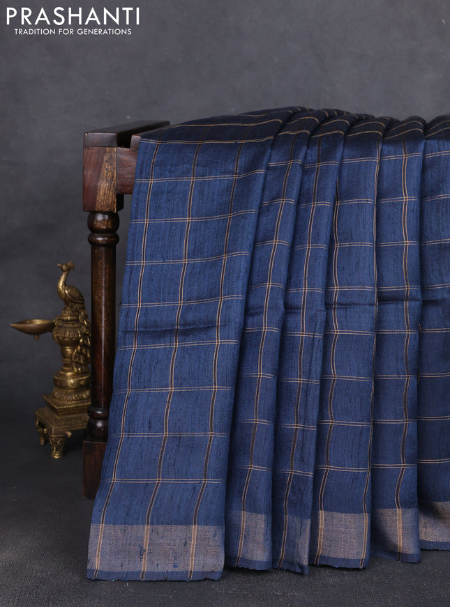Pure dupion silk saree peacock blue and beige with allover zari woven checked pattern and madhubani printed pallu