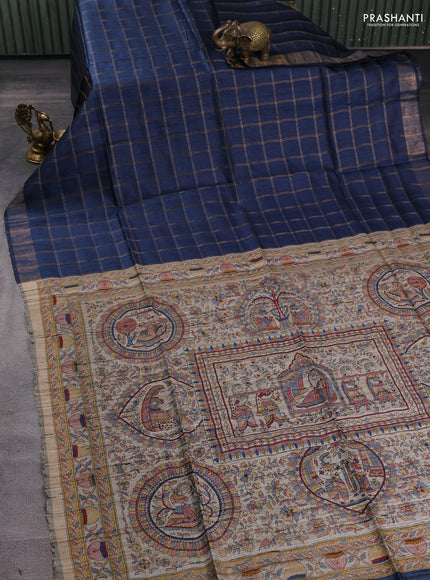 Pure dupion silk saree peacock blue and beige with allover zari woven checked pattern and madhubani printed pallu