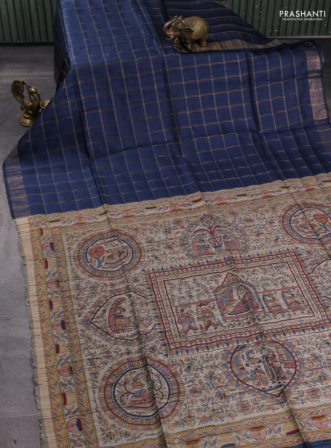 Pure dupion silk saree peacock blue and beige with allover zari woven checked pattern and madhubani printed pallu