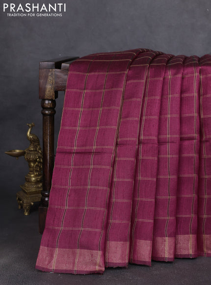 Pure dupion silk saree maroon and beige with allover zari woven checked pattern and madhubani printed pallu