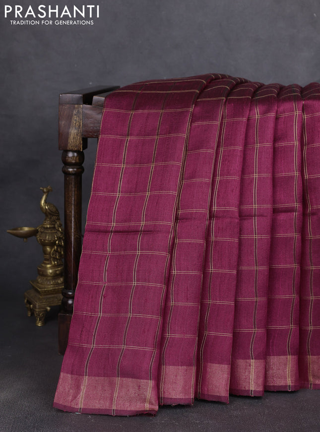 Pure dupion silk saree maroon and beige with allover zari woven checked pattern and madhubani printed pallu
