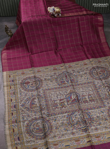 Pure dupion silk saree maroon and beige with allover zari woven checked pattern and madhubani printed pallu