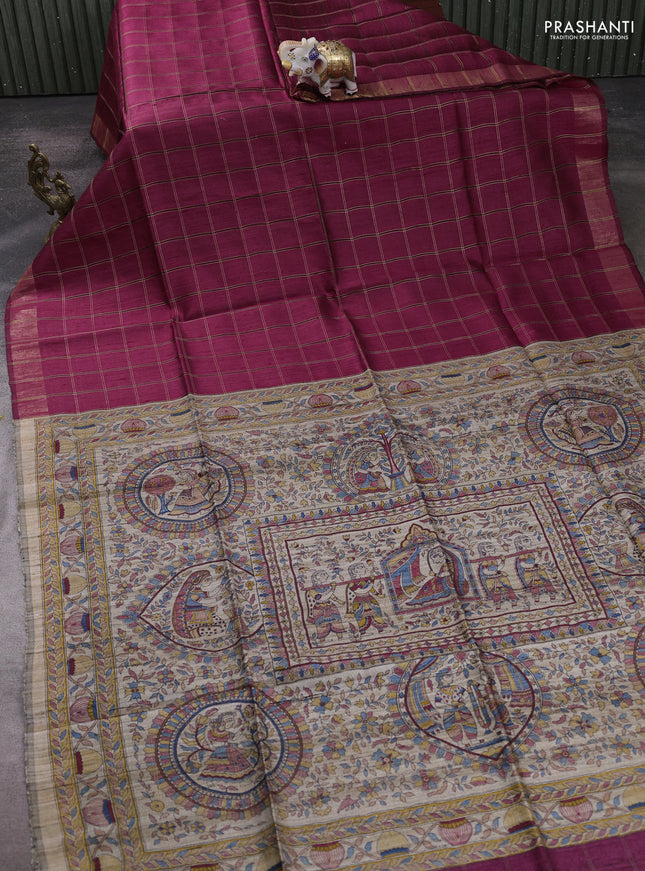Pure dupion silk saree maroon and beige with allover zari woven checked pattern and madhubani printed pallu