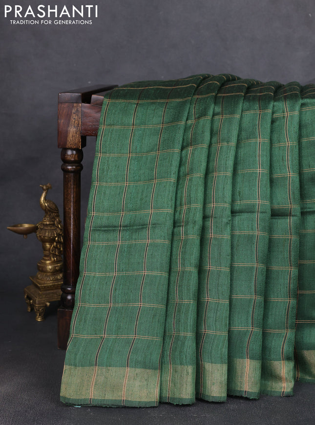 Pure dupion silk saree green and beige with allover zari woven checked pattern and madhubani printed pallu