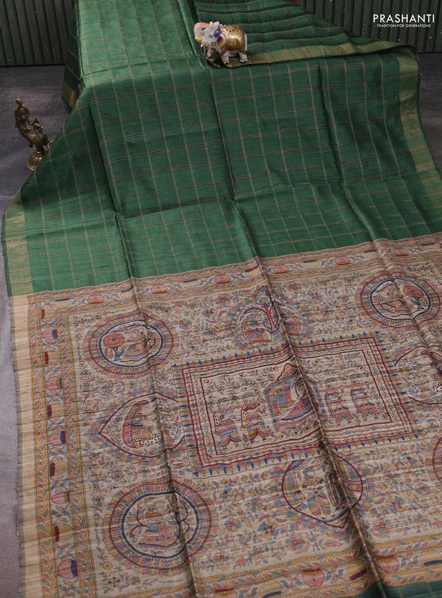 Pure dupion silk saree green and beige with allover zari woven checked pattern and madhubani printed pallu