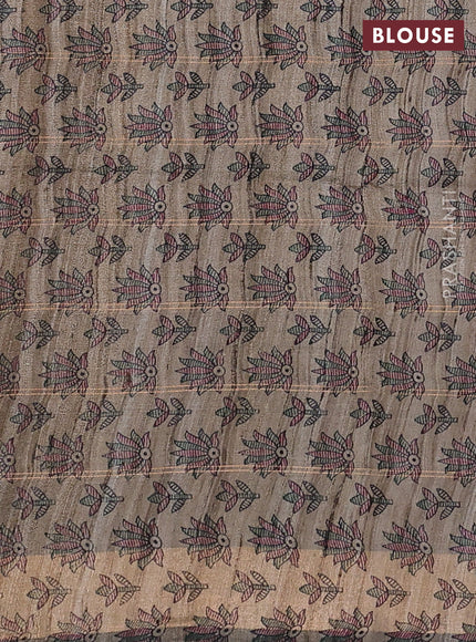 Pure dupion silk saree green and beige with allover zari woven checked pattern and madhubani printed pallu