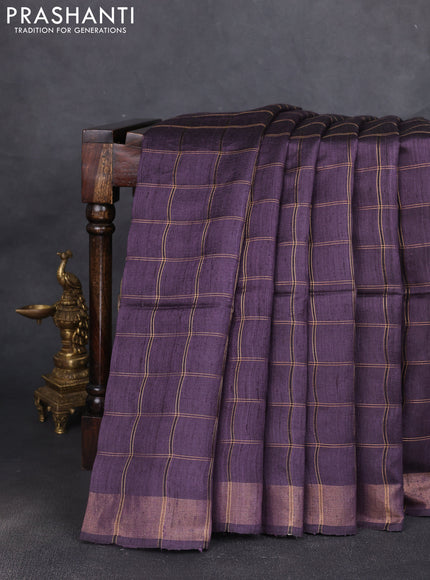 Pure dupion silk saree jamun shade and beige with allover zari woven checked pattern and madhubani printed pallu