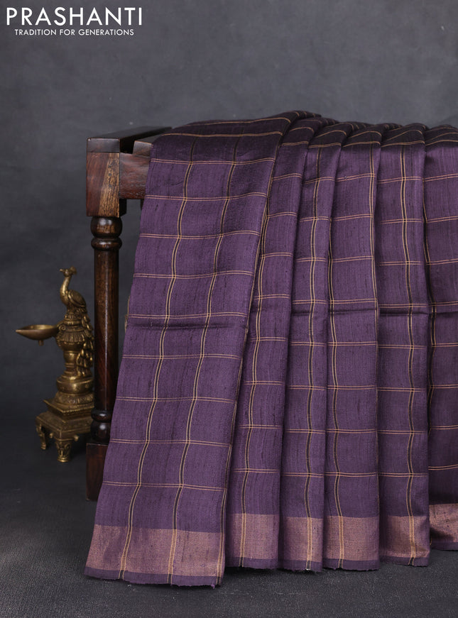 Pure dupion silk saree jamun shade and beige with allover zari woven checked pattern and madhubani printed pallu