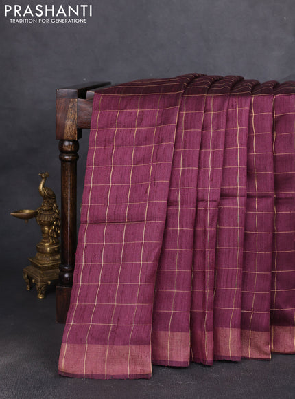 Pure dupion silk saree wine shade and beige with allover zari woven checked pattern and madhubani printed pallu