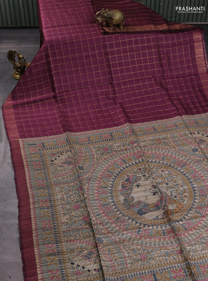 Pure dupion silk saree wine shade and beige with allover zari woven checked pattern and madhubani printed pallu