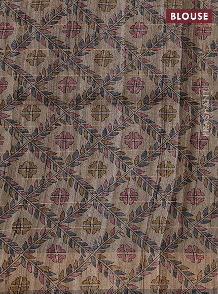 Pure dupion silk saree wine shade and beige with allover zari woven checked pattern and madhubani printed pallu