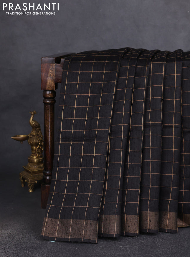 Pure dupion silk saree black and beige with allover zari woven checked pattern and madhubani printed pallu