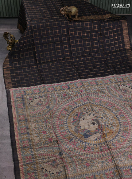 Pure dupion silk saree black and beige with allover zari woven checked pattern and madhubani printed pallu