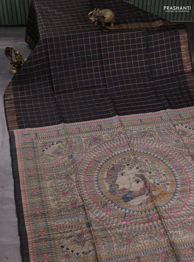 Pure dupion silk saree black and beige with allover zari woven checked pattern and madhubani printed pallu
