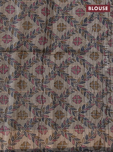 Pure dupion silk saree black and beige with allover zari woven checked pattern and madhubani printed pallu