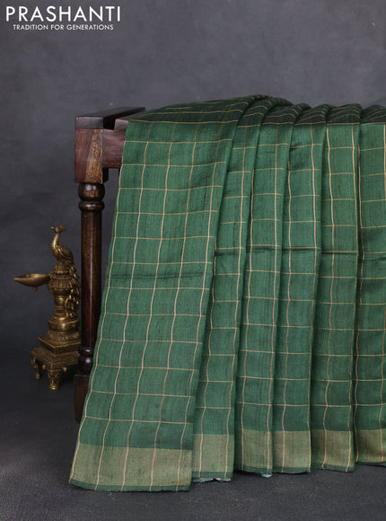 Pure dupion silk saree green and beige with allover zari woven checked pattern and madhubani printed pallu