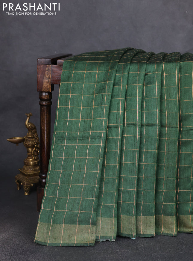 Pure dupion silk saree green and beige with allover zari woven checked pattern and madhubani printed pallu