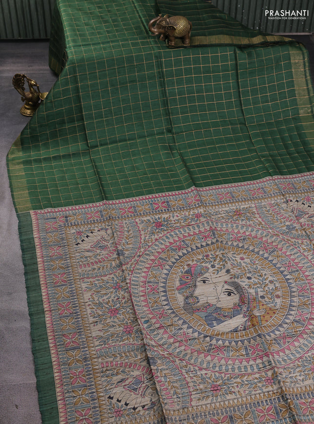 Pure dupion silk saree green and beige with allover zari woven checked pattern and madhubani printed pallu
