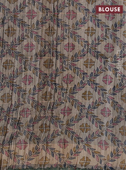 Pure dupion silk saree green and beige with allover zari woven checked pattern and madhubani printed pallu