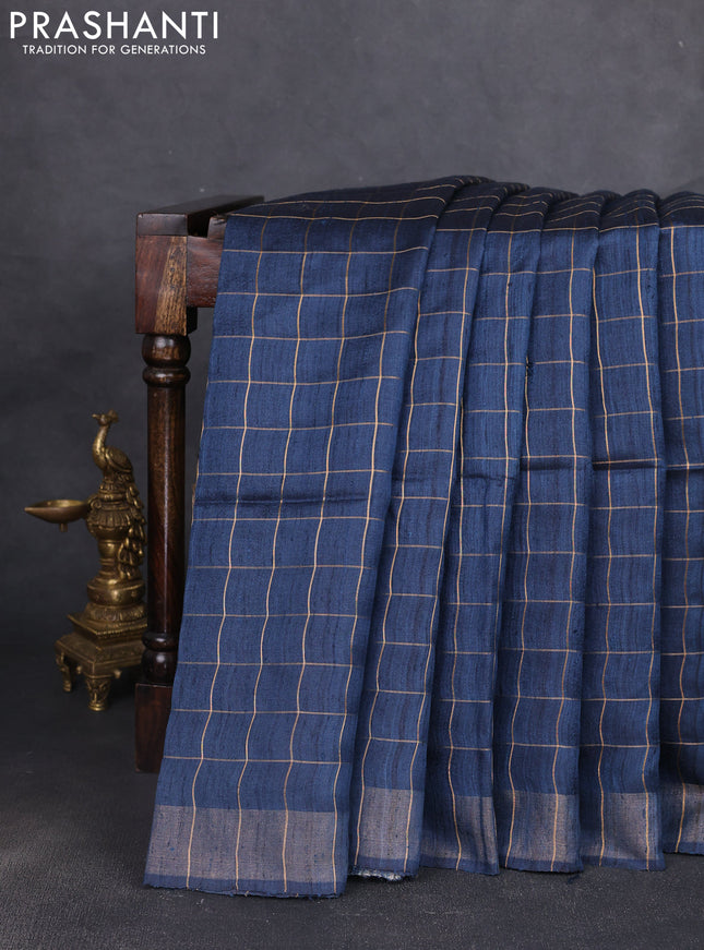 Pure dupion silk saree peacock blue and beige with allover zari woven checked pattern and madhubani printed pallu