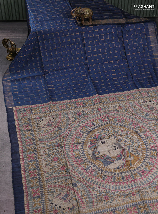 Pure dupion silk saree peacock blue and beige with allover zari woven checked pattern and madhubani printed pallu