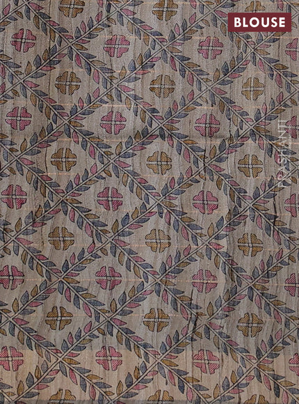 Pure dupion silk saree peacock blue and beige with allover zari woven checked pattern and madhubani printed pallu