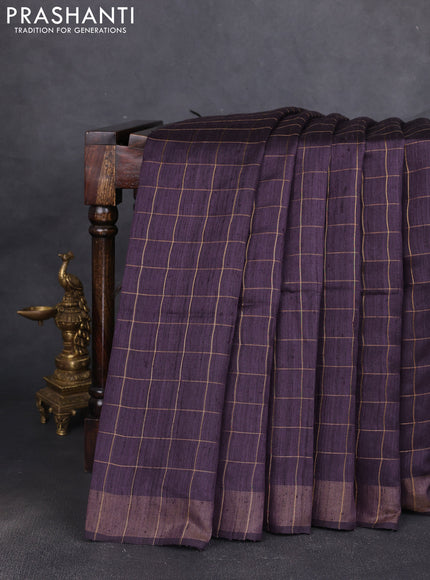 Pure dupion silk saree jamun shade and beige with allover zari woven checked pattern and madhubani printed pallu