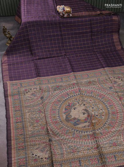 Pure dupion silk saree jamun shade and beige with allover zari woven checked pattern and madhubani printed pallu