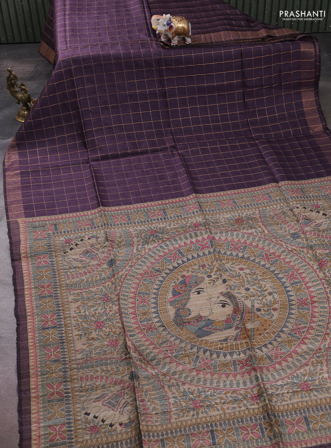 Pure dupion silk saree jamun shade and beige with allover zari woven checked pattern and madhubani printed pallu